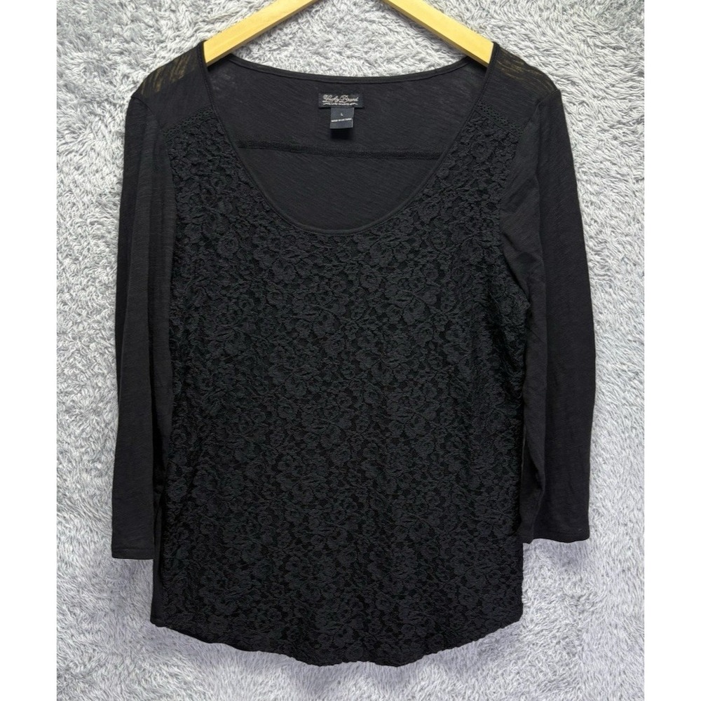 Lucky Brand Womens L Black Lace Crochet Top 3/4 Sleeve Boho Gothic Lightweight
